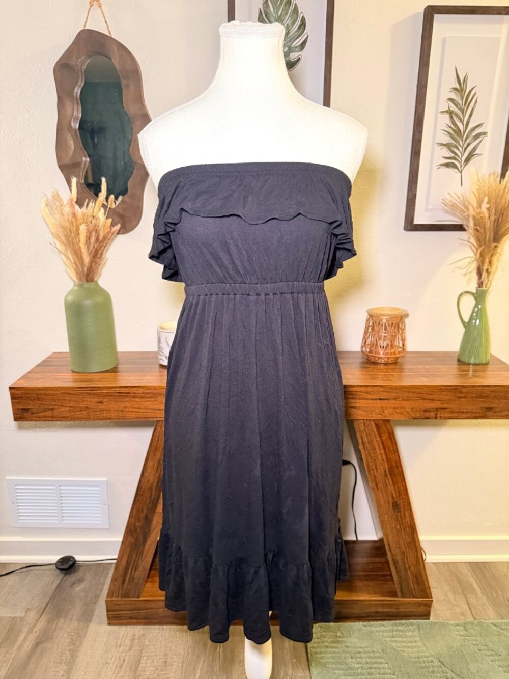 Black Strapless Midi Dress Ruffle Trim Elastic Waist Flowy Summer S